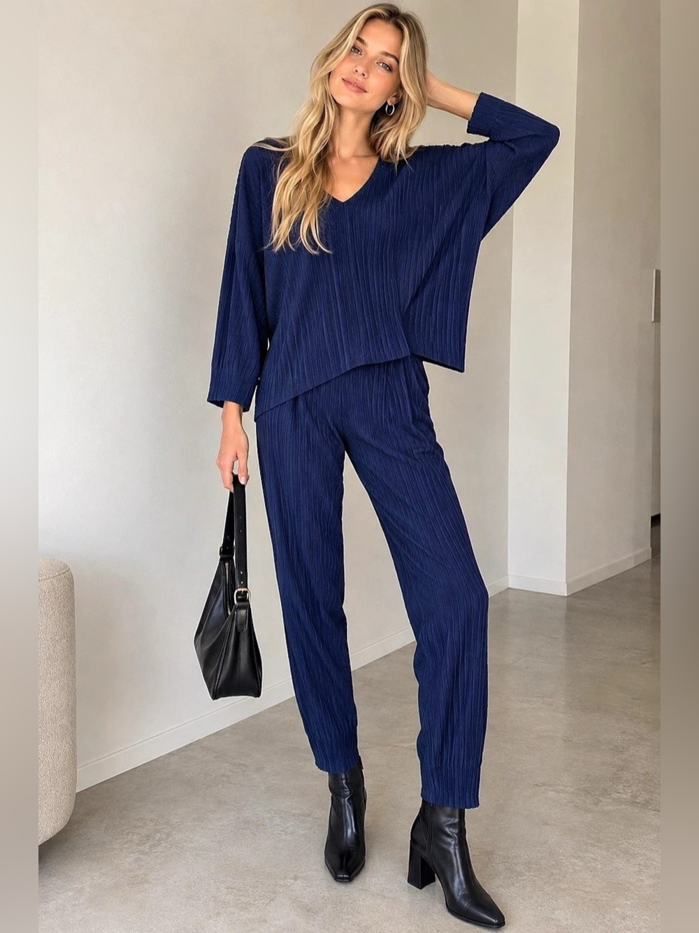Zara Trafaluc Cobalt Blue Pleated Batwing Top & Relaxed Pants 2-Piece Set S
